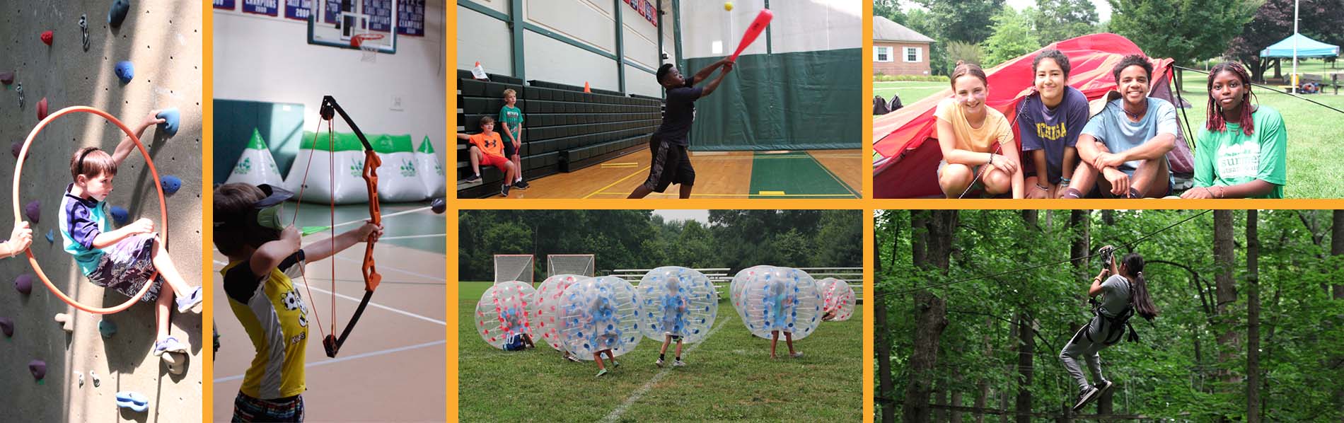 a collage of workshops: bubble soccer, multisports, rock climbing, archery tag, adventure park, and outdoor living.